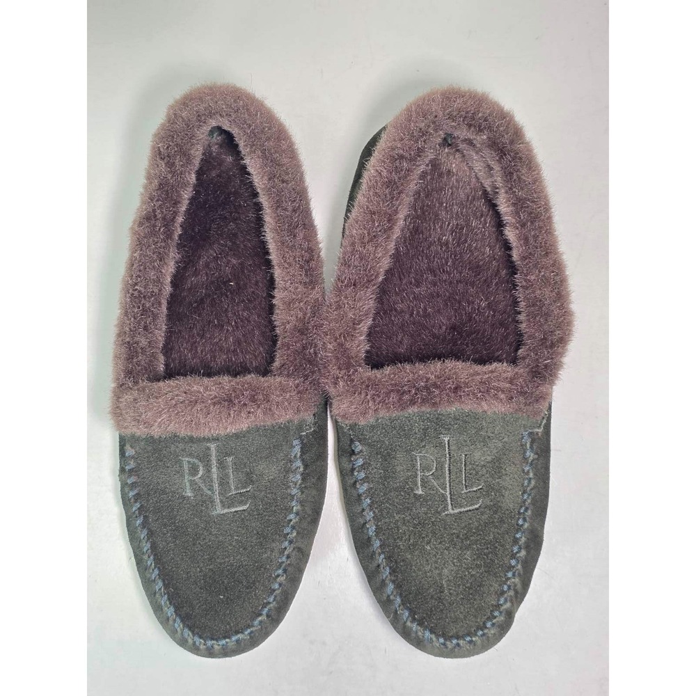 Ralph Lauren Womens Moccasin Size 7 Green Suede Fur Lined Slip-On Slippers Shoes